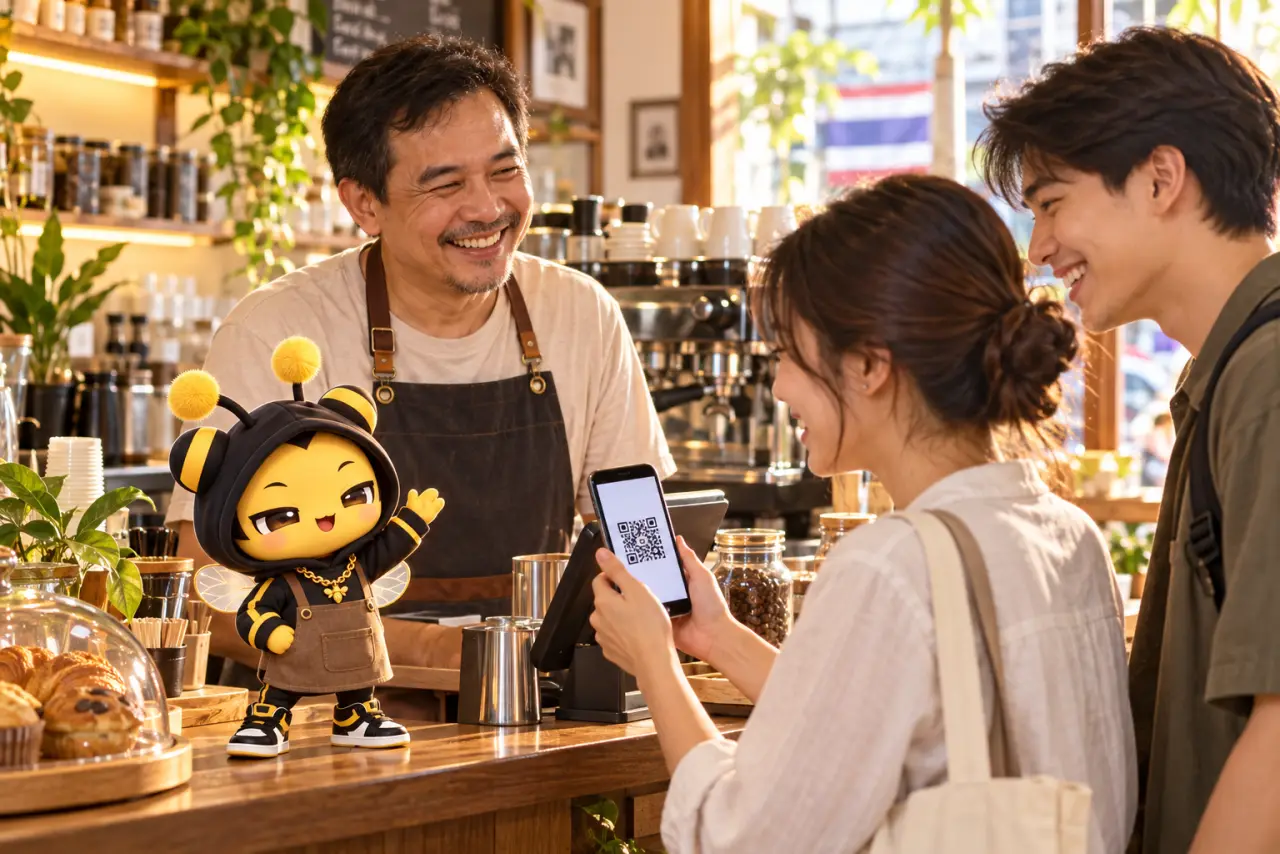 เจ้าของคาเฟ่ยิ้มรับลูกค้าที่โชว์ QR บนมือถือ มีมาสคอตผึ้ง Kengbee ใส่ผ้ากันเปื้อนบาริสต้า